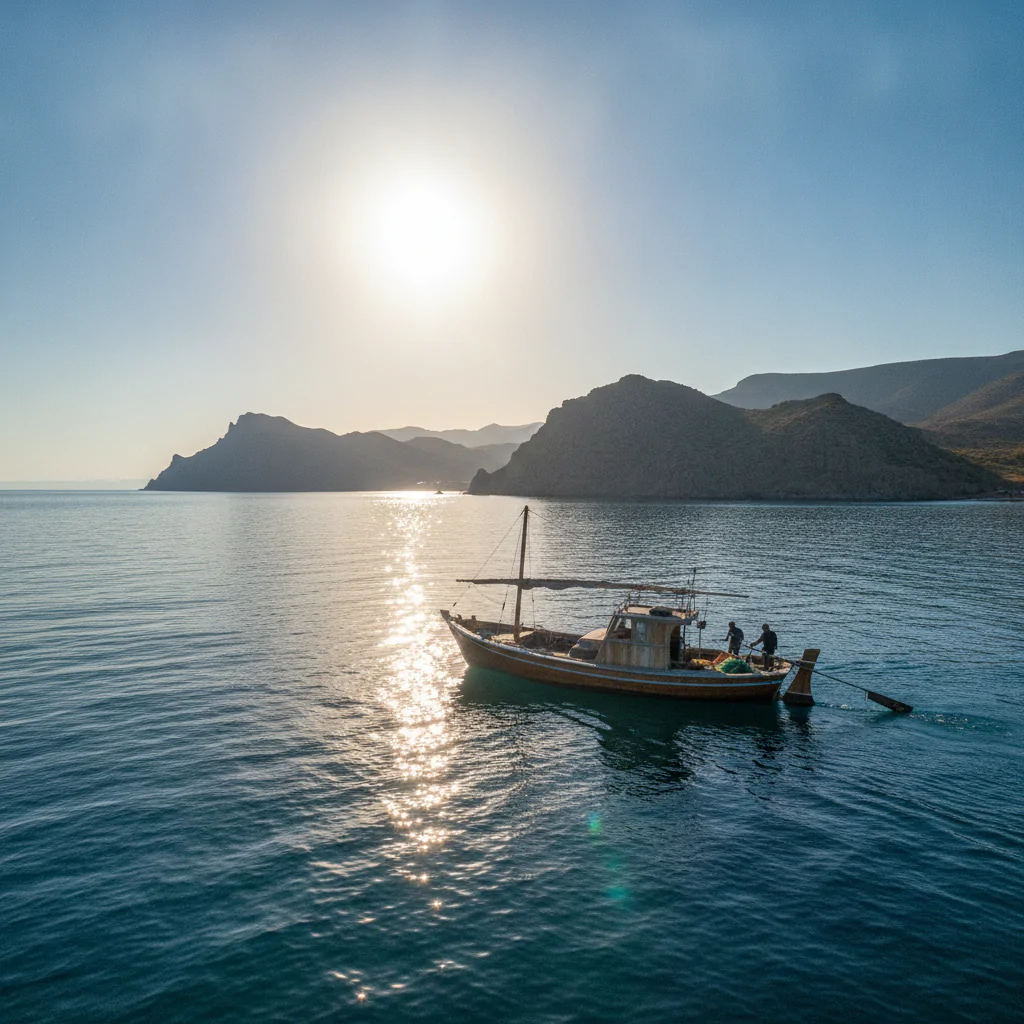 Лодка на спокойной глади Каспийского моря